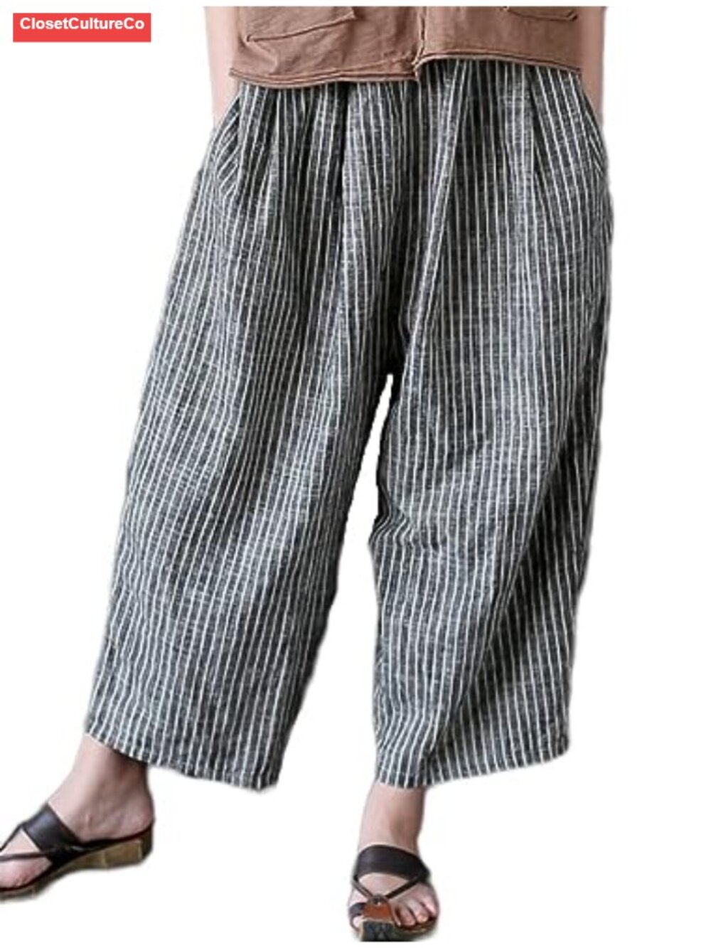 Cotton Linen Striped Wide Leg Harem Pants Relaxed Baggy Fit